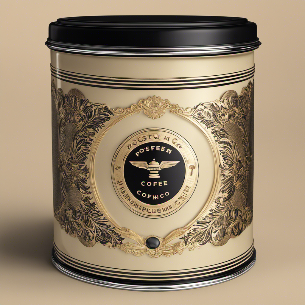 An image showcasing a vintage coffee canister, adorned with a stylish emblem featuring a transformative symbol, subtly signifying the rebranding of The Postum Co