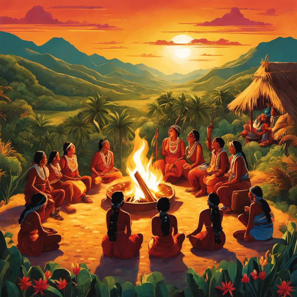 An image featuring a vibrant, sun-kissed landscape with indigenous tribespeople gathered around a bonfire, their serene expressions hinting at shared stories, laughter, and a sense of community after their invigorating Yerba Mate session