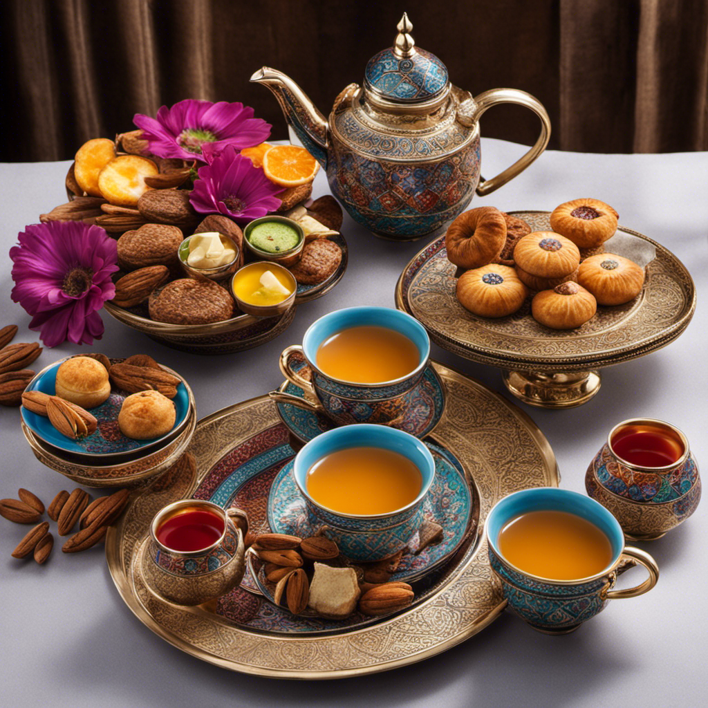An image showcasing a traditional Moroccan tea set, adorned with vibrant hand-painted ceramic cups and a silver teapot, accompanied by a colorful platter of aromatic Moroccan pastries, dates, and almonds