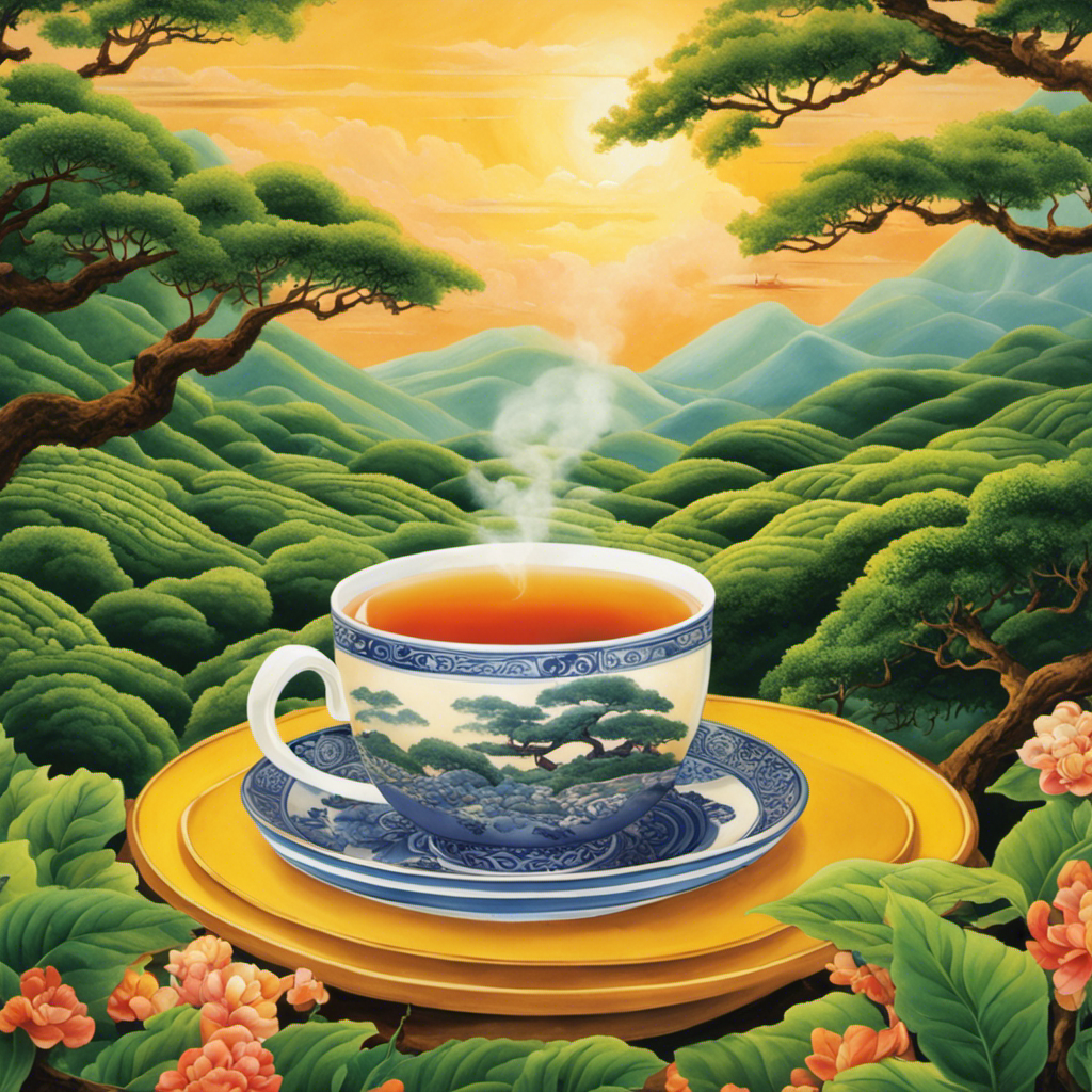An image showcasing a serene setting with a steaming cup of oolong tea, surrounded by vibrant tea leaves