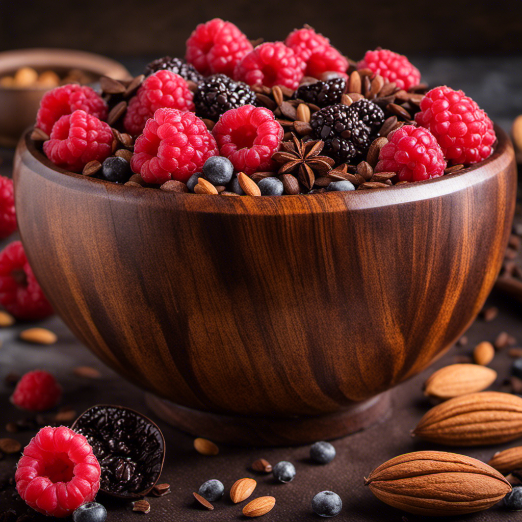 An image showcasing a rustic wooden bowl overflowing with velvety, dark cacao nibs