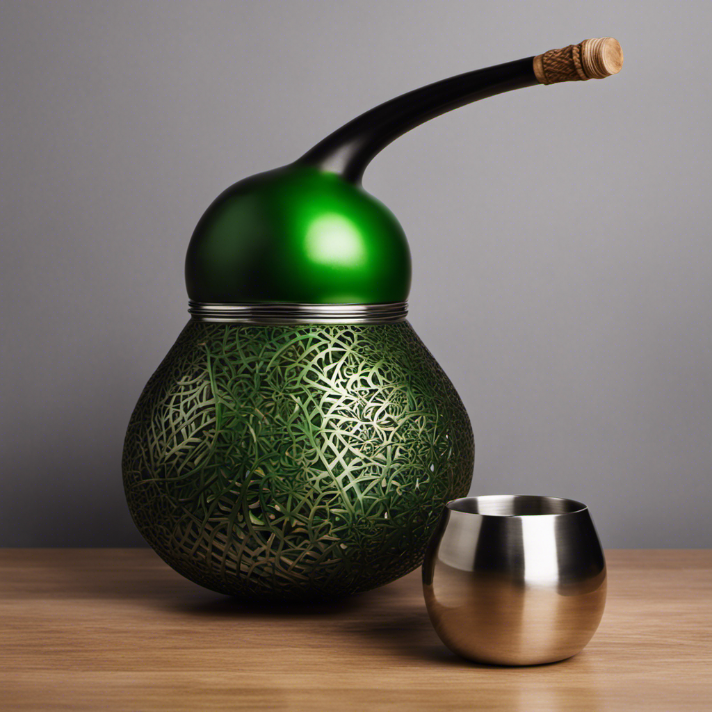 An image showcasing a traditional gourd, known as a mate, filled with vibrant green yerba mate tea