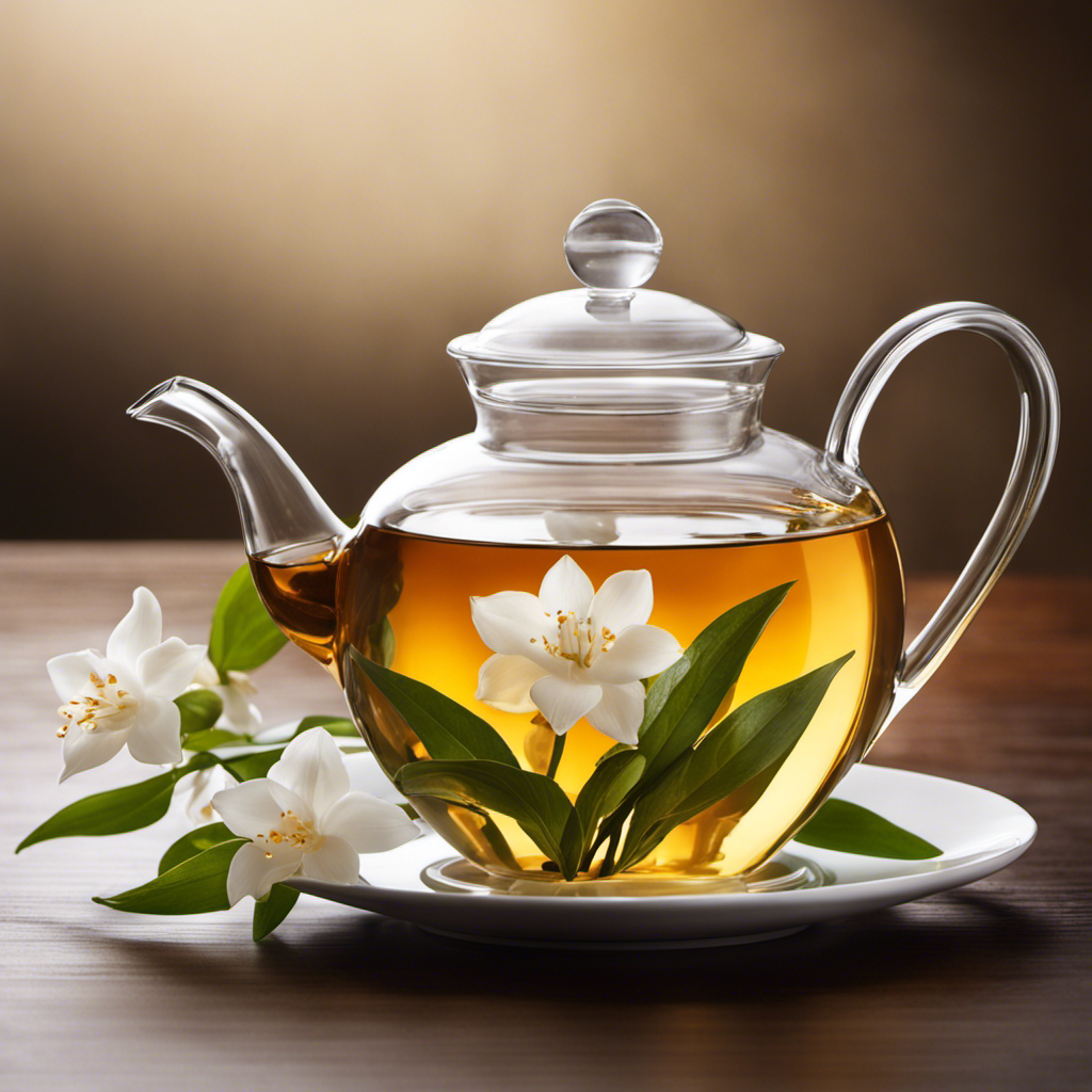 An image of a delicate porcelain teapot, pouring a stream of warm, golden-hued Oolong tea into a transparent glass cup