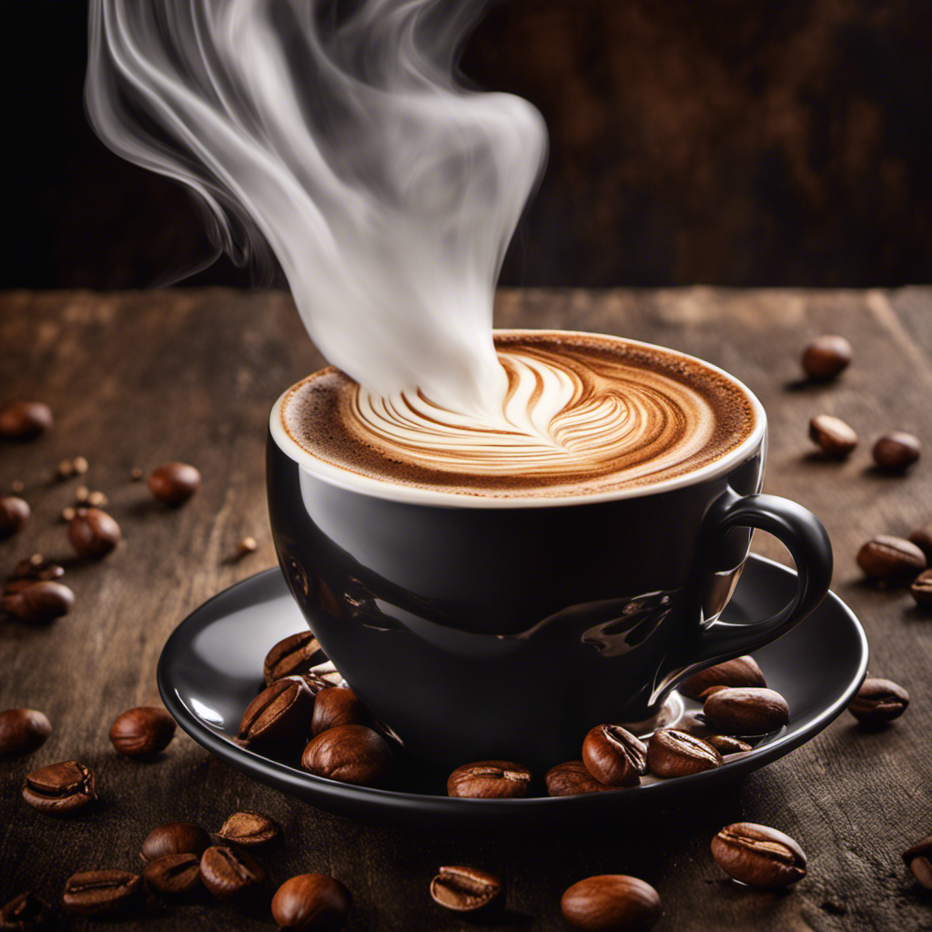 An image showcasing a steaming cup of coffee filled to the brim, with a creamy swirl of hazelnut milk swirling delicately into the dark liquid, evoking a sense of warmth and flavor