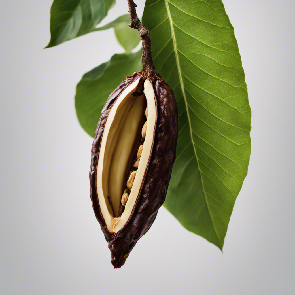 An image showcasing a close-up of a ripe cacao pod split open, revealing its glossy seeds enveloped in a white, sweet pulp