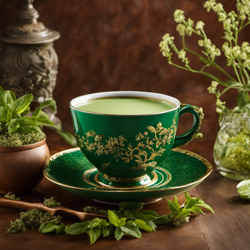 An image that showcases a vibrant, emerald-green teacup brimming with frothy Guayaki Yerba Mate tea