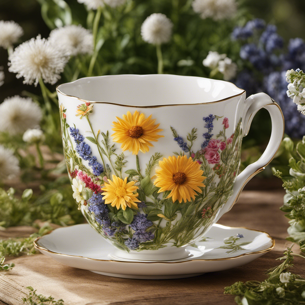 An image showcasing a serene, sunlit garden scene, a delicate porcelain teacup filled with steaming herbal tea, adorned with vibrant, freshly picked botanicals, releasing their aromatic essence into the air