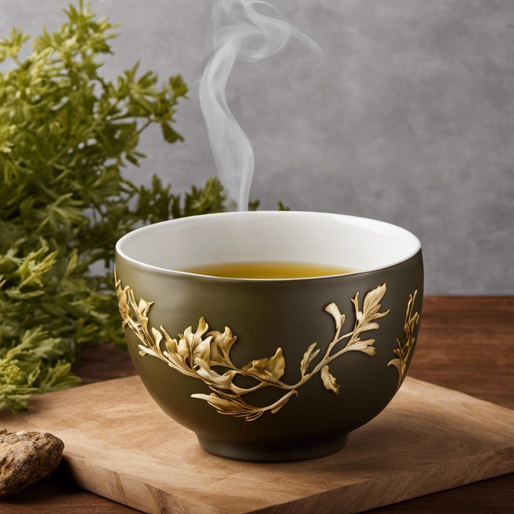 An image that captures the essence of savoring kelp tea: a delicate ceramic cup, steam swirling above, showcasing a rich golden hue