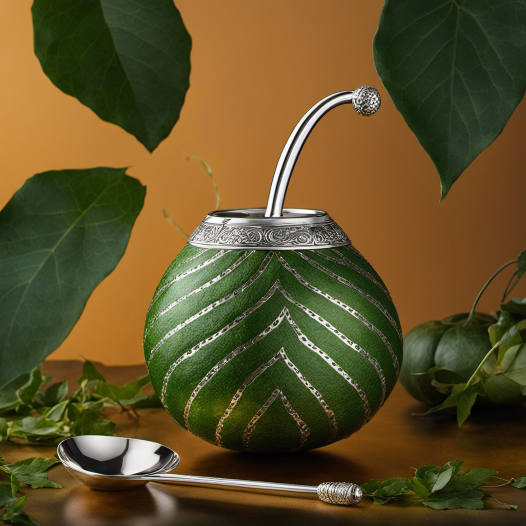 An image showcasing a traditional gourd filled with vibrant green yerba mate leaves, surrounded by a delicate silver bombilla sipping straw, evoking the rich cultural significance and social ritual of mate consumption