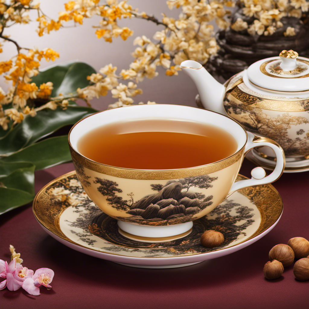 An image that captures the essence of Monkey Picked Oolong Tea: A teacup filled with rich, amber-hued infusion, delicately swirling steam, infused with notes of roasted chestnuts and orchid blossoms