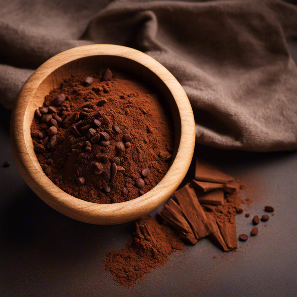 An image depicting a close-up of a rustic wooden bowl filled with rich, dark raw cacao powder