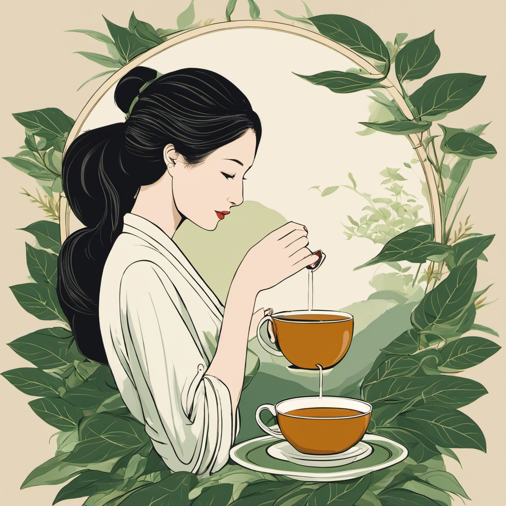 An image showcasing a serene, minimalist scene of a woman sipping a warm cup of oolong tea, surrounded by lush green tea leaves and a scale, symbolizing the potential benefits of oolong tea for weight loss