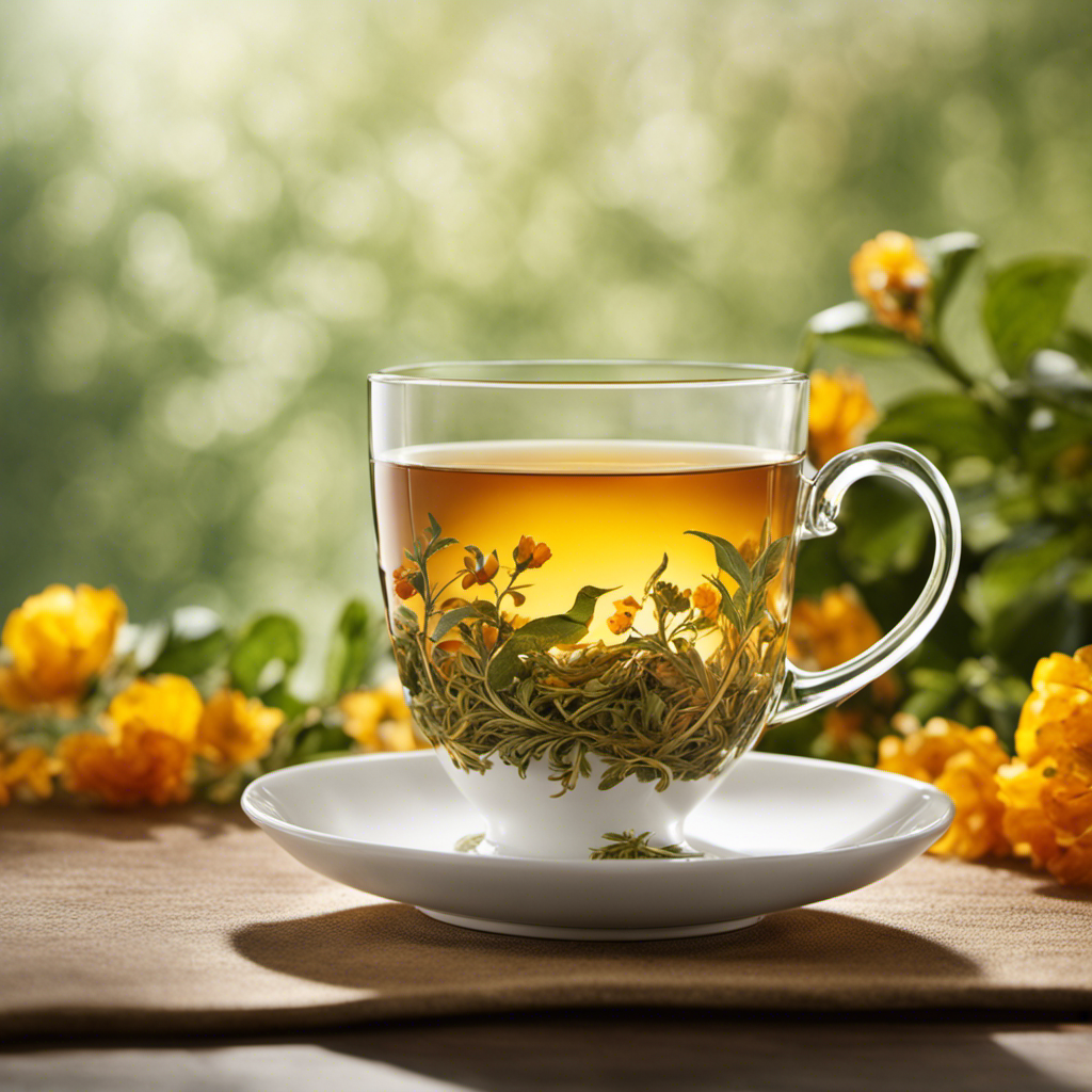 An image that showcases a serene, sunlit garden with a delicate teacup brimming with rich, amber-hued oolong tea