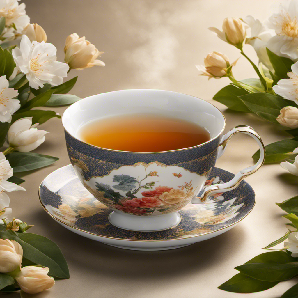 An image that captures the essence of oolong tea's aroma: wisps of steam rising from a porcelain teacup, delicate floral notes mingling with earthy undertones, while vibrant tea leaves unfurl gracefully amidst a backdrop of serene nature