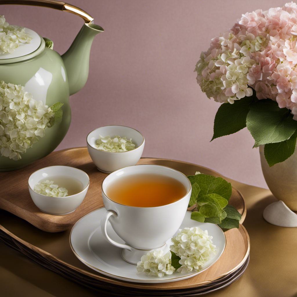 an image that captures the ethereal essence of a delicate oolong tea infused with the subtle flavors of hydrangea blossoms, evoking a tranquil oasis of floral notes and refreshing hints of sweetness