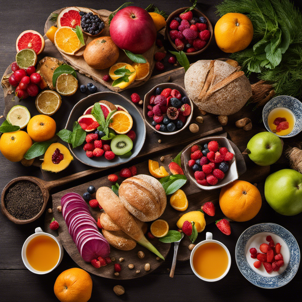 An image: A rustic wooden table adorned with a vibrant assortment of exotic fruits, freshly baked bread, steaming cups of herbal tea, and a delicately arranged platter of colorful vegetables, showcasing the diverse and nutritious diet of Postum