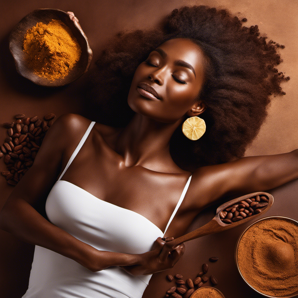 An image showcasing the transformative effects of raw cacao on the body: a radiant, glowing figure surrounded by vibrant energy, with a heart beaming golden light and a nourished, rejuvenated complexion