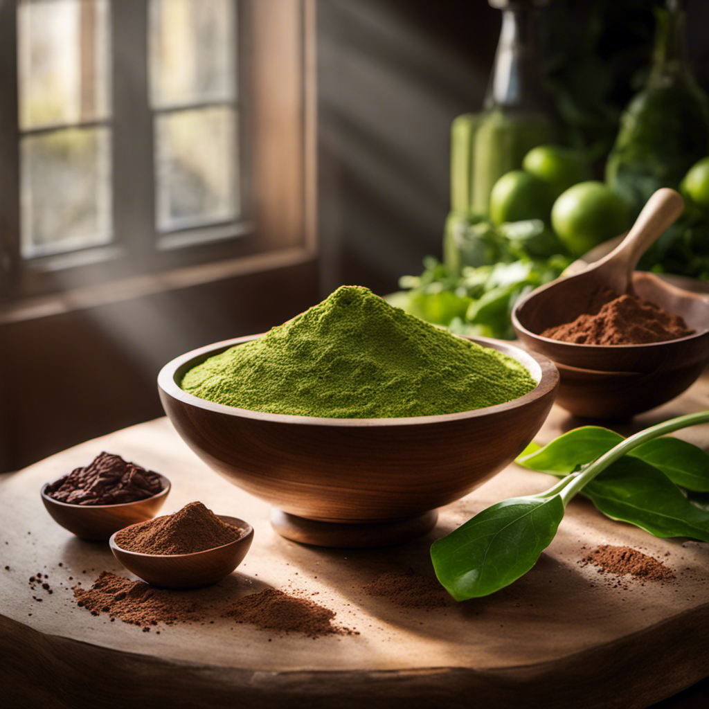 An image showing a serene, sunlit kitchen counter adorned with a wooden bowl filled with rich, dark raw cacao powder