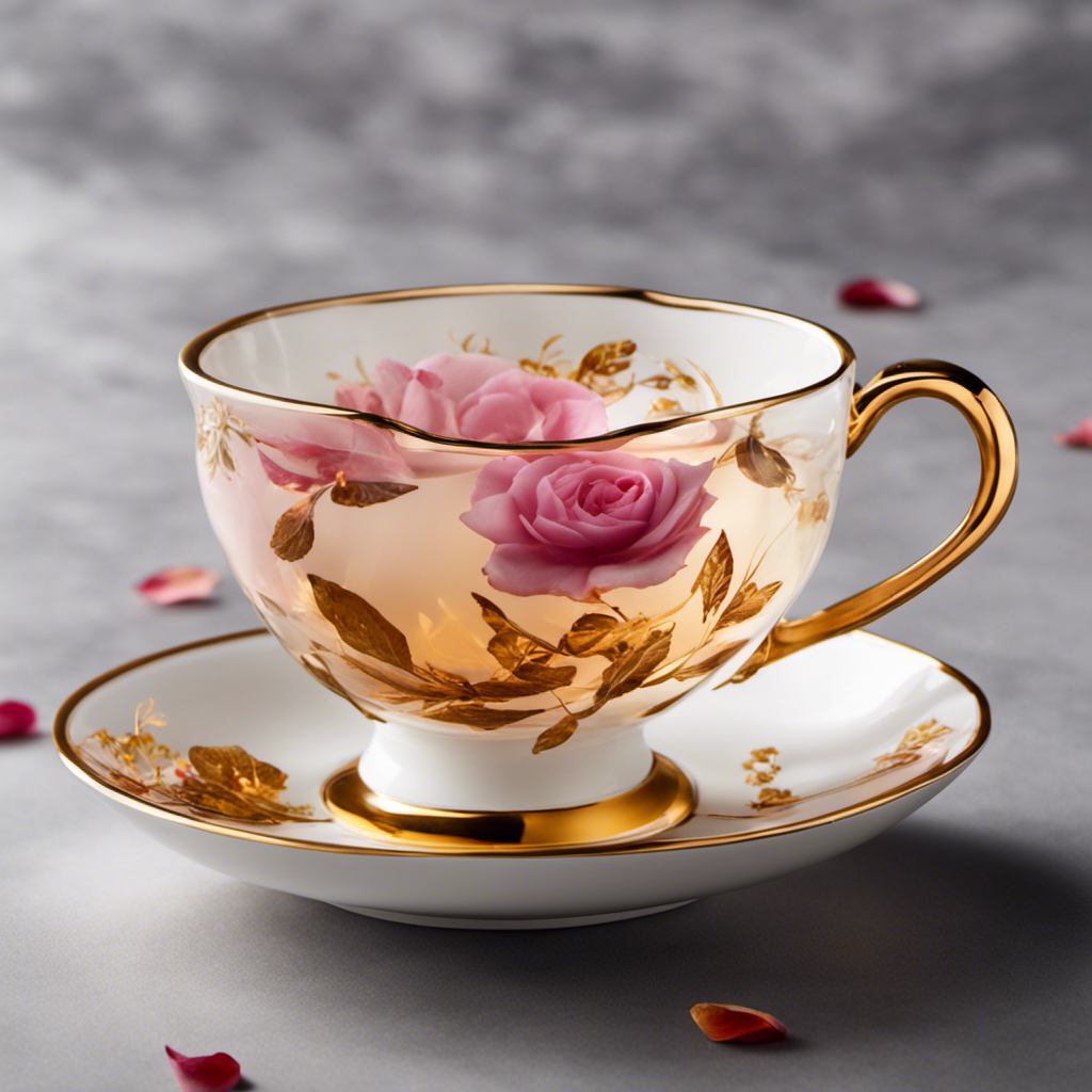 An image showcasing a porcelain teacup filled with a translucent, amber-hued Rose Oolong tea, delicately adorned with rose petals floating on its surface