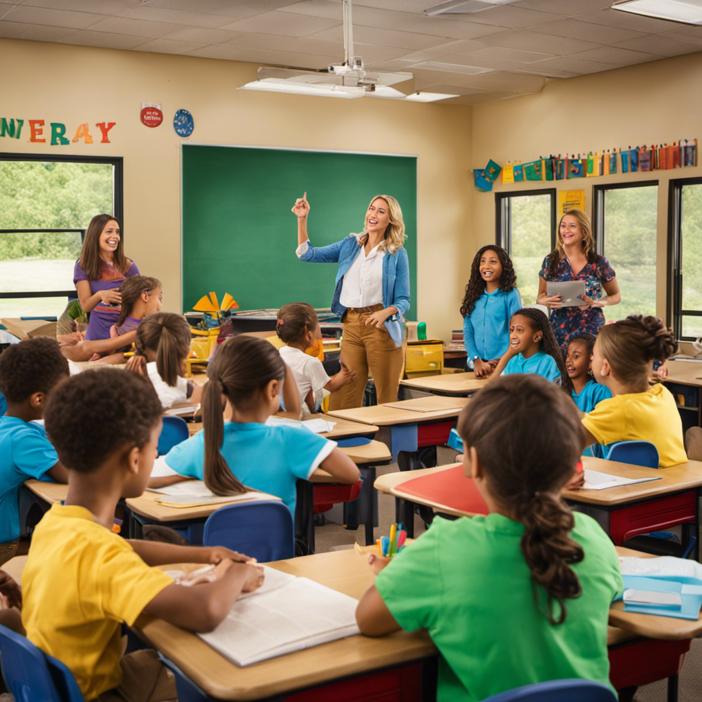 An image showcasing a vibrant classroom scene in Coffee County, with a substitute teacher at the front, surrounded by engaged students