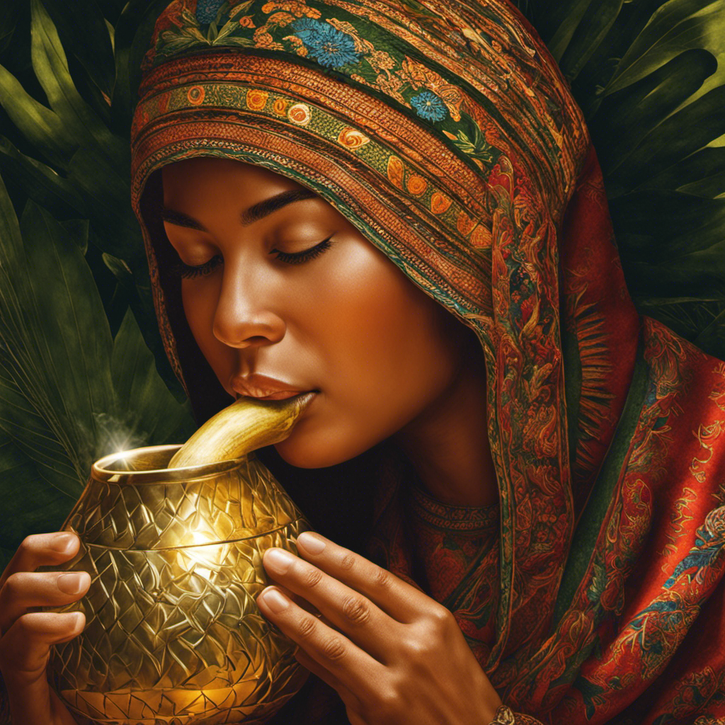 An image depicting a person sipping yerba mate from a traditional gourd, their face illuminated by a warm glow, showcasing the invigorating effects and natural energy boost that yerba mate provides
