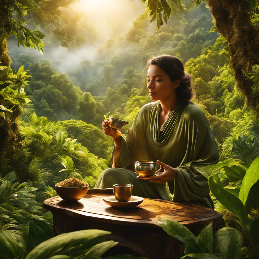 An image showcasing a serene, sun-kissed morning scene, with a person holding a steaming cup of yerba mate, surrounded by lush greenery