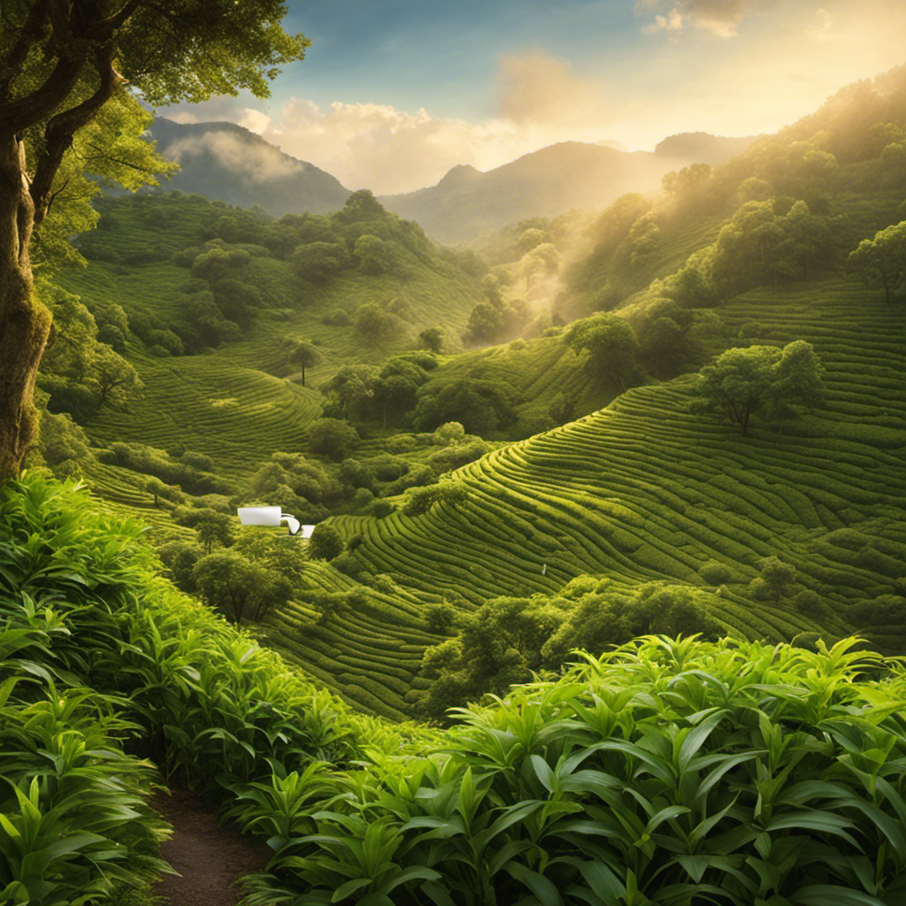 An image showcasing a serene morning scene with a person holding a warm cup of yerba mate tea, surrounded by lush greenery