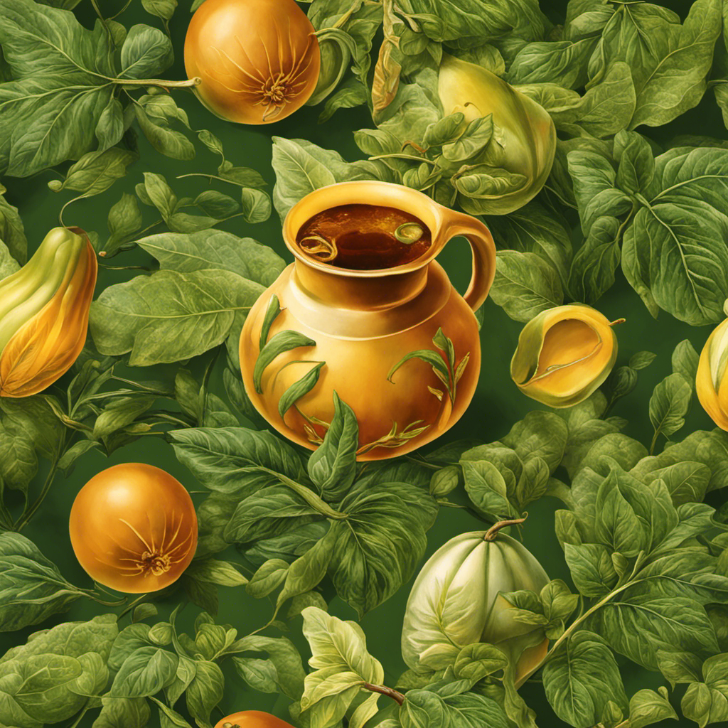 An image capturing the invigorating sensation of sipping yerba mate: a hand cradling a warm gourd, wisps of steam dancing upwards, vibrant green leaves submerged in the rich amber liquid, evoking a sense of energy and tranquility