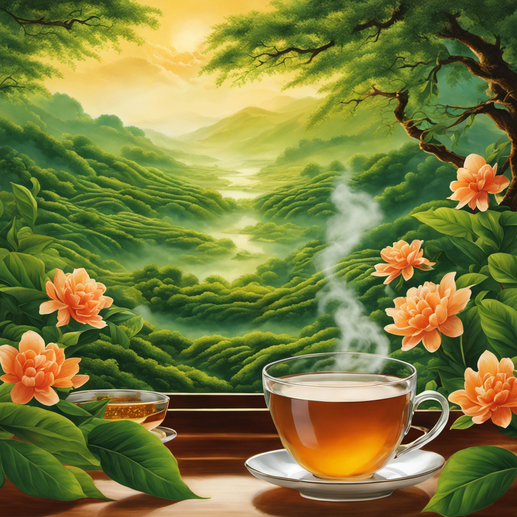 An image showcasing a tranquil scene: a delicate cup of steaming Oolong tea, its rich amber hue swirling gently, surrounded by lush green tea leaves and wisps of fragrant steam rising into the air
