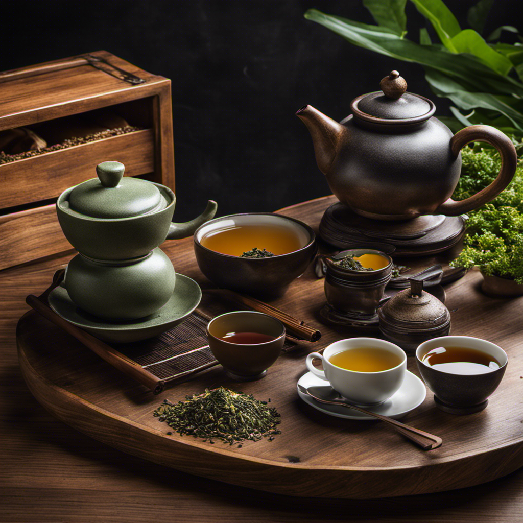 An image showcasing a rustic wooden table adorned with an elegant teapot pouring a steaming cup of oolong tea, accompanied by an array of visually enticing alternative beverages, such as herbal infusions, matcha, yerba mate, and chamomile