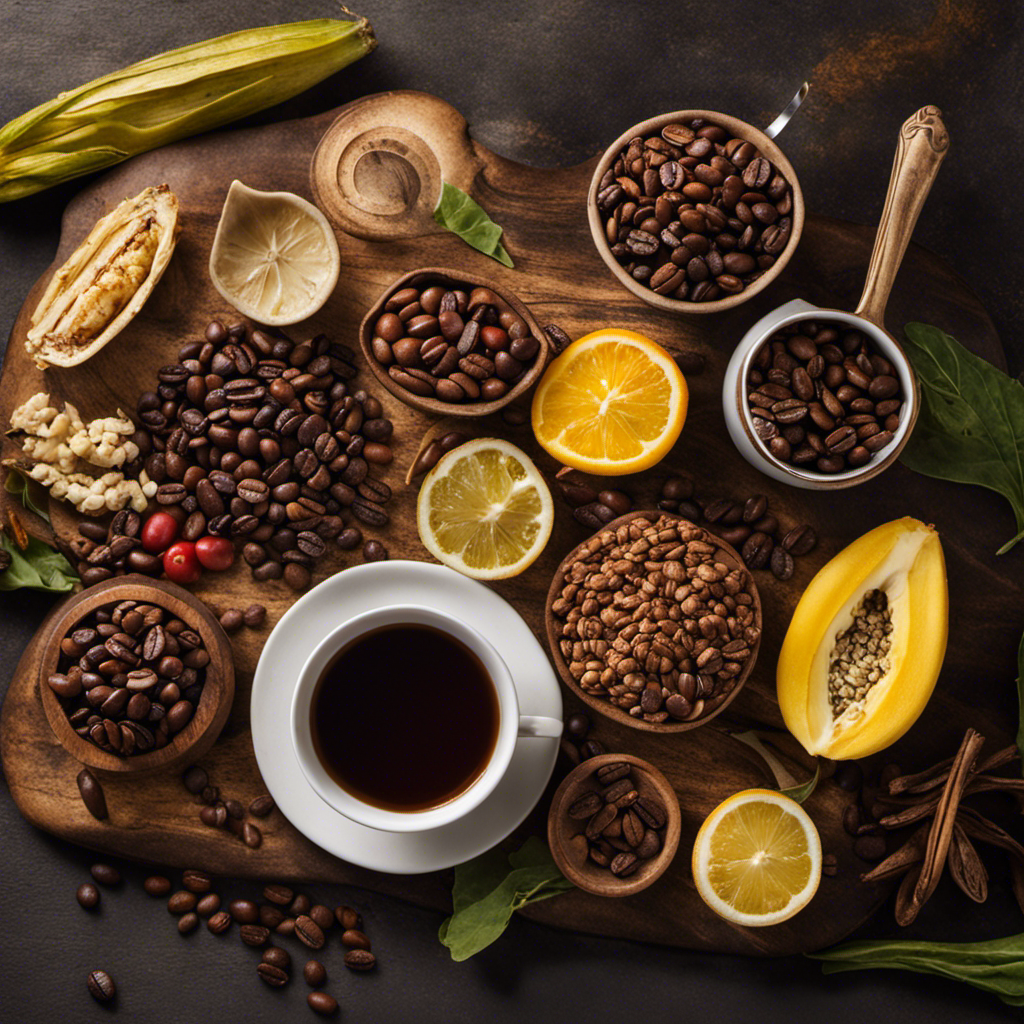 An image showcasing a rustic wooden cutting board adorned with a vibrant array of foods, including roasted coffee beans, dark chocolate, endive leaves, and a steaming cup of chicory root tea