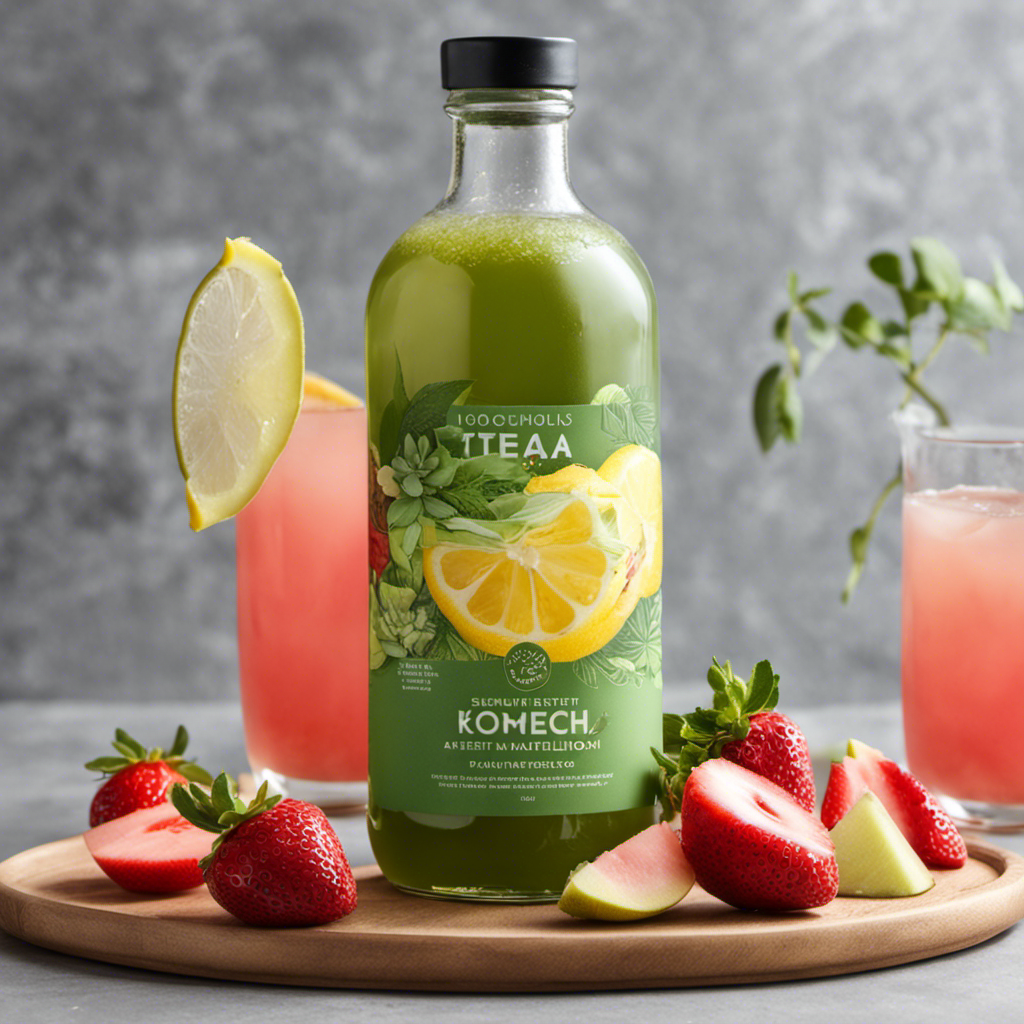 An image showcasing a serene green tea kombucha infusion surrounded by an array of succulent fruits: luscious strawberries, tangy lemon wedges, crisp apple slices, and juicy watermelon chunks, evoking a perfect harmony of flavors