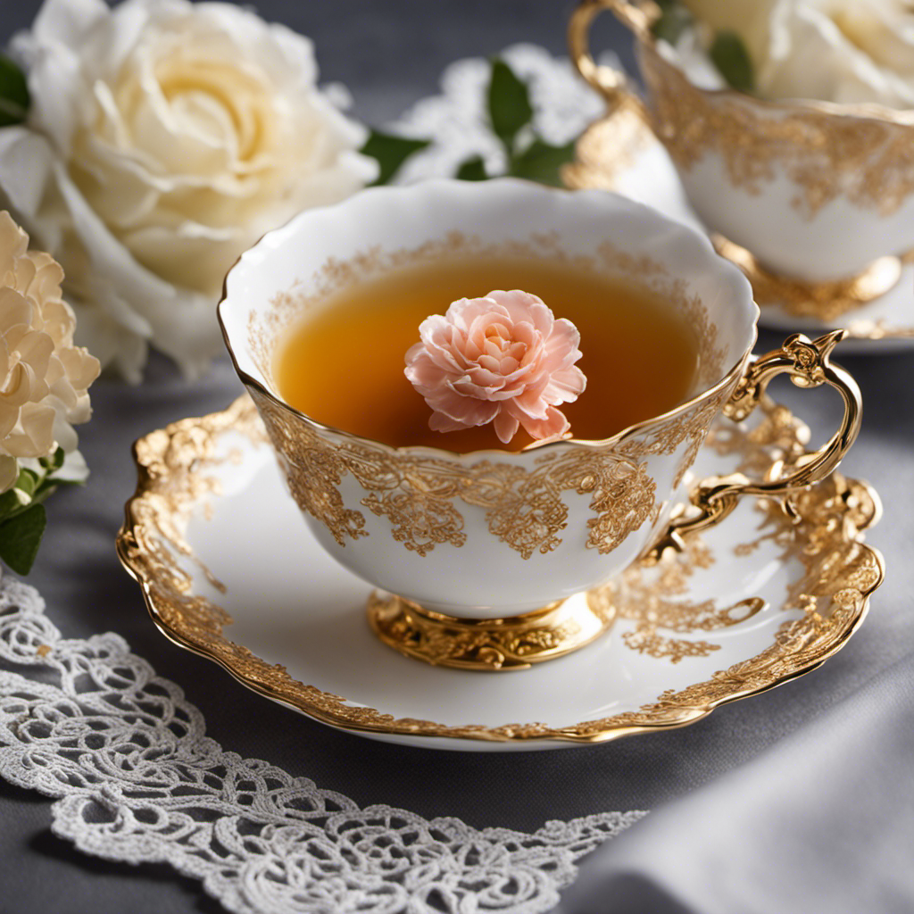 An image capturing the elegance of a porcelain teacup, brimming with a rich amber-hued Oolong tea