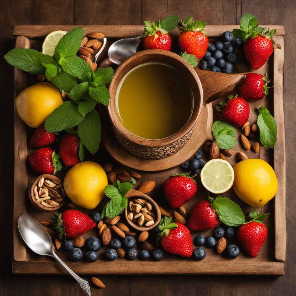 An image featuring a steaming cup of Yerba Mate, surrounded by a vibrant array of fresh fruits, herbs, and nuts like strawberries, mint leaves, and almonds, beautifully arranged in a rustic wooden tray