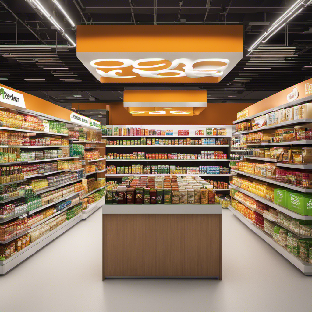 An image showcasing a bright and bustling grocery store aisle, adorned with neatly stacked shelves