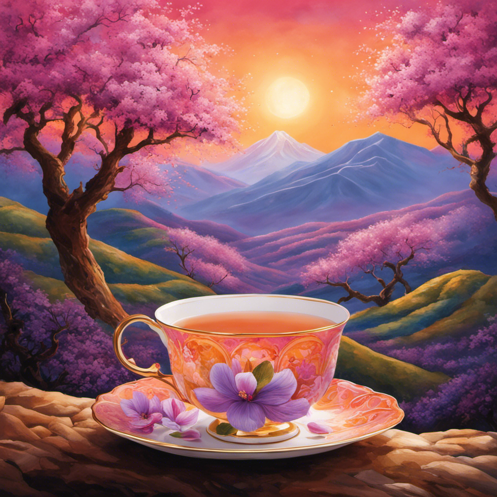 An image showcasing a serene, mist-covered mountaintop with vibrant hues of pink, orange, and purple