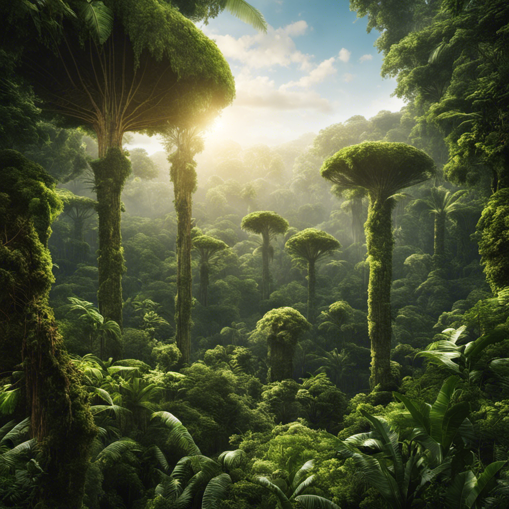 An image showcasing a lush rainforest with towering ancient trees, where shafts of sunlight pierce through the dense foliage