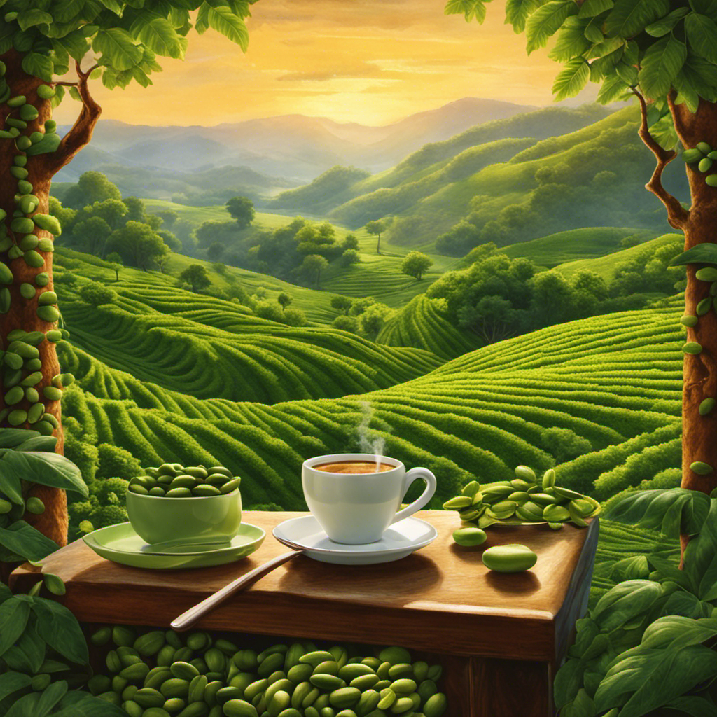 An image showcasing a serene morning scene with a person sipping on a warm cup of freshly brewed green coffee, surrounded by vibrant green coffee beans and a tranquil nature backdrop