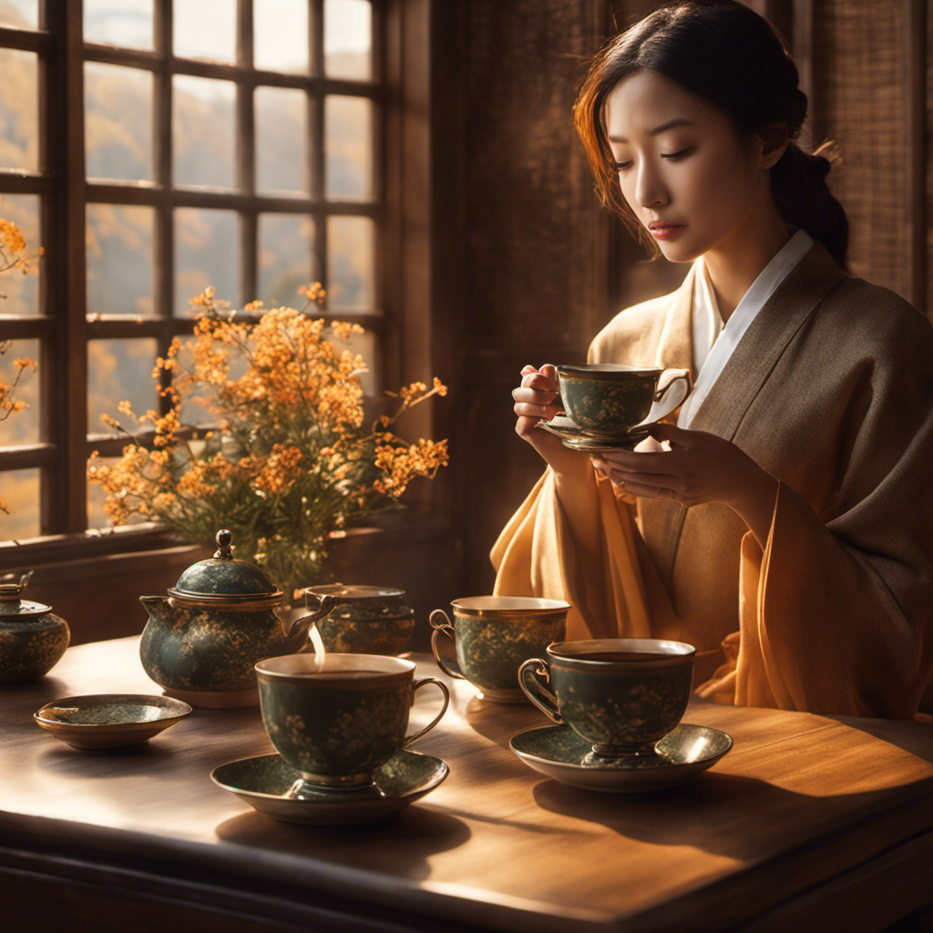 An image showcasing a serene setting with a person sipping from a delicate teacup, surrounded by 10 cups of steaming Oolong tea