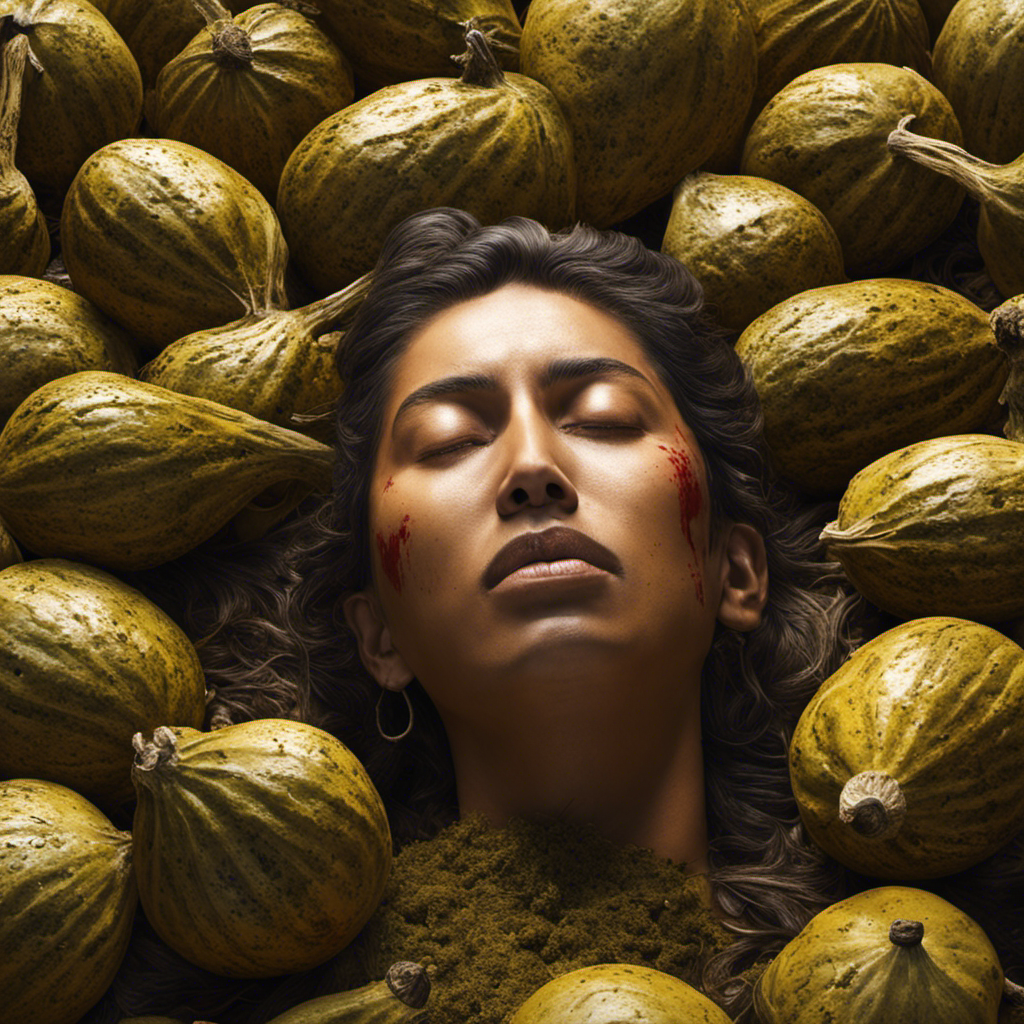 An image that depicts a person surrounded by empty Yerba Mate gourds, disheveled and fatigued, with bloodshot eyes and a pounding headache, symbolizing the consequences of excessive Yerba Mate consumption