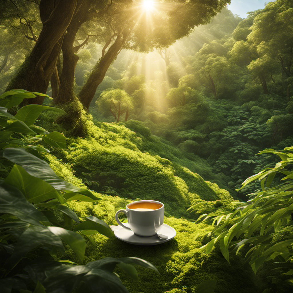 An image of a serene morning scene with a person holding a warm cup of steaming yerba mate, surrounded by lush greenery and sunlight filtering through the trees, evoking a sense of tranquility and vitality