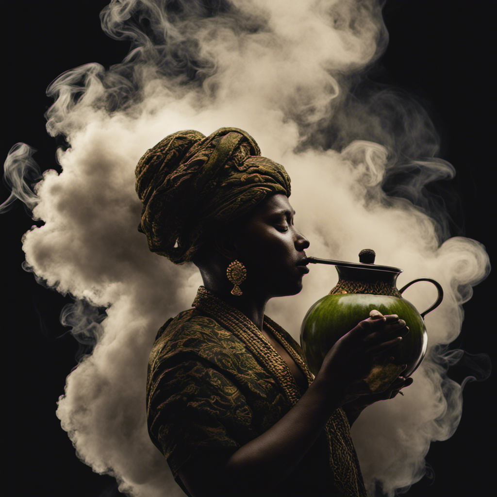 An image depicting a person engulfed in a cloud of aromatic smoke, holding a traditional Yerba Mate gourd and bombilla