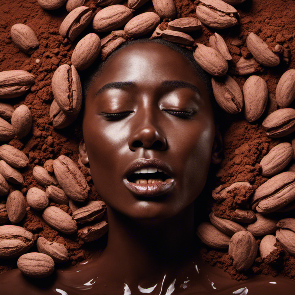 An image showcasing a person surrounded by heaps of raw cacao powder, their face contorted in discomfort, clutching their stomach, and sweat dripping down their forehead, illustrating the consequences of excessive consumption