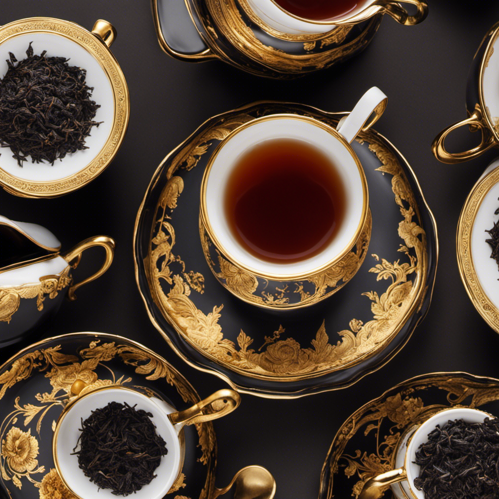 An image showcasing two elegant teacups, one filled with deeply steeped black tea exuding rich, dark hues, and the other brimming with golden-infused oolong tea, capturing the essence of their distinct caffeine content