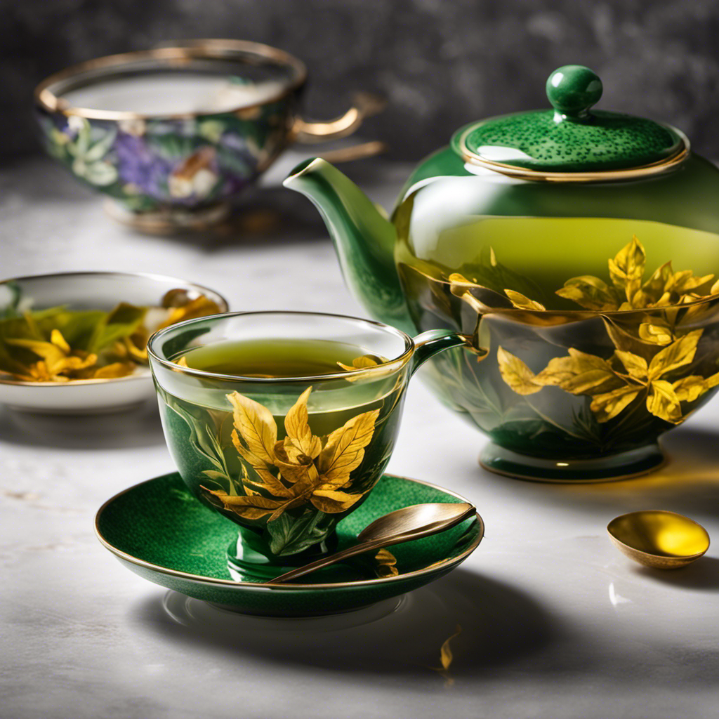 An image showcasing two delicate porcelain teacups, one filled with rich, amber-hued Oolong tea, exuding an aromatic steam, while the other displays vibrant, emerald-green Green tea leaves, accentuating their contrasting caffeine levels
