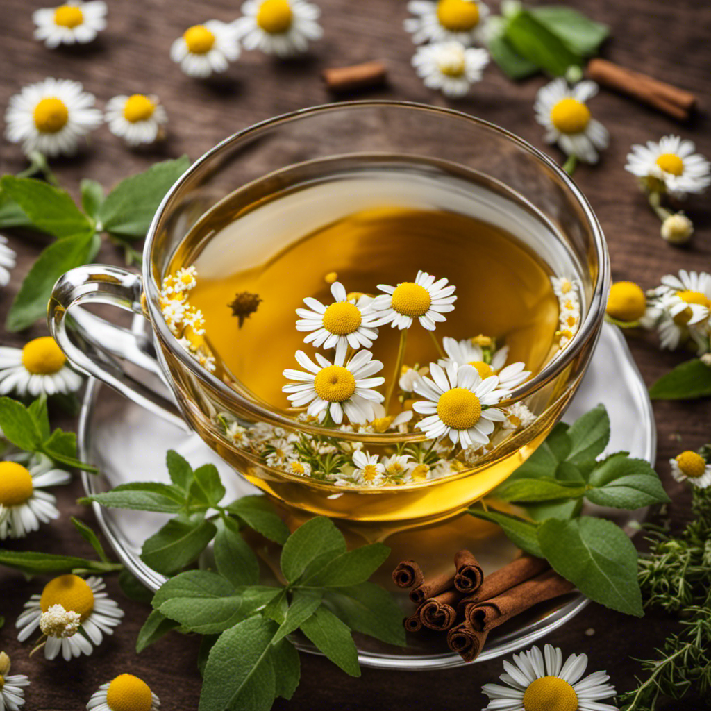 An image showcasing a steaming cup of chamomile tea, surrounded by freshly-picked leaves of gymnema sylvestre and cinnamon sticks, highlighting their potential benefits in managing diabetes