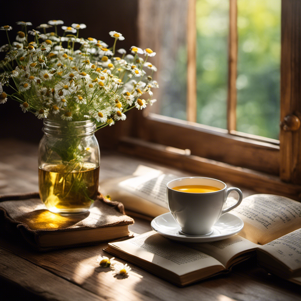 An image showcasing a cozy, sunlit room with a steaming cup of aromatic chamomile tea on a rustic wooden table
