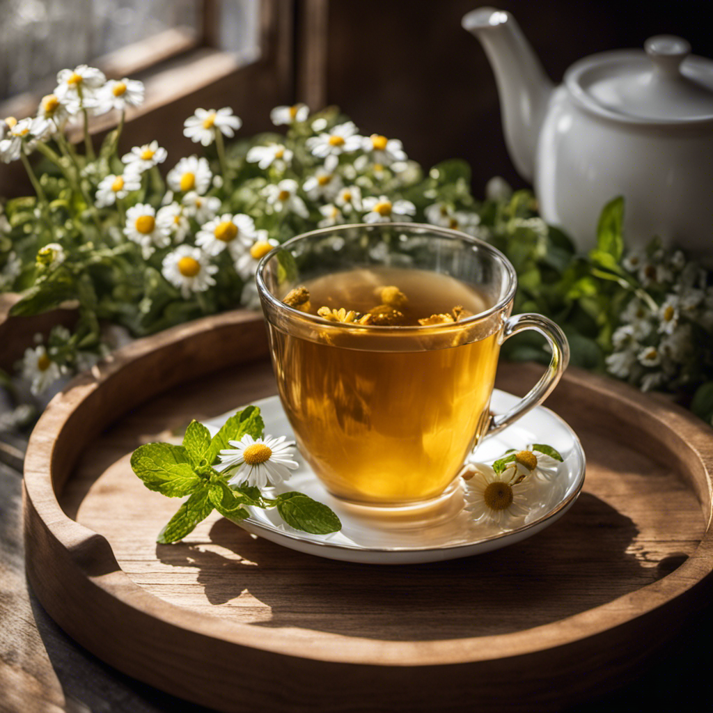 An image of a serene, sunlit room with a cozy armchair, delicate porcelain teacup filled with chamomile tea, freshly plucked mint leaves, and a small dish of ginger slices, all arranged on a rustic wooden tray