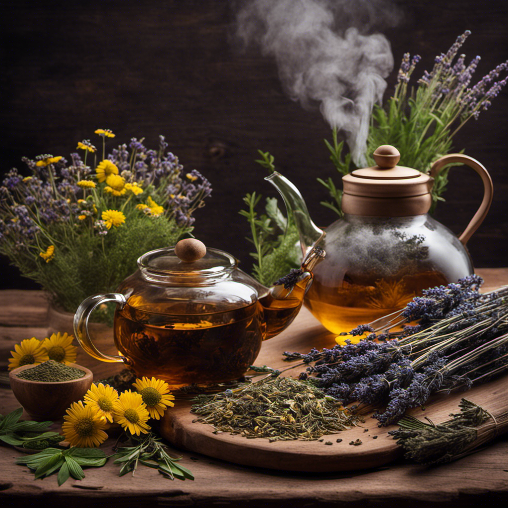 An image showcasing a serene scene of a rustic wooden table, adorned with an assortment of vibrant, dried herbs, including chamomile, lavender, and mint