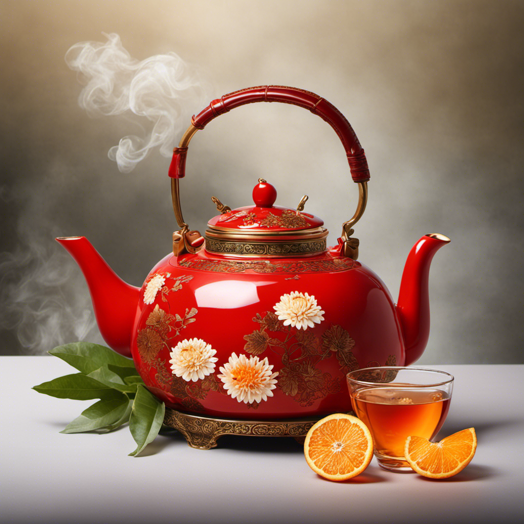 An image showcasing a vibrant red teapot filled with steaming herbal tea, adorned with auspicious orange slices, dried chrysanthemum flowers, and fragrant sprigs of jasmine, symbolizing the traditional herbal tea consumed during Chinese New Year